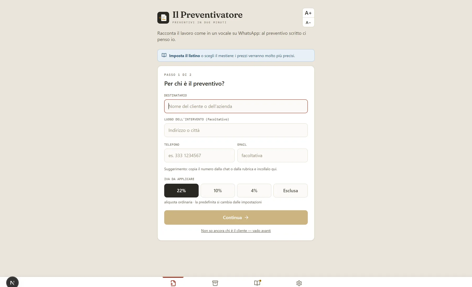 Inside the product: describe the job as you would in a voice note, and the quote details